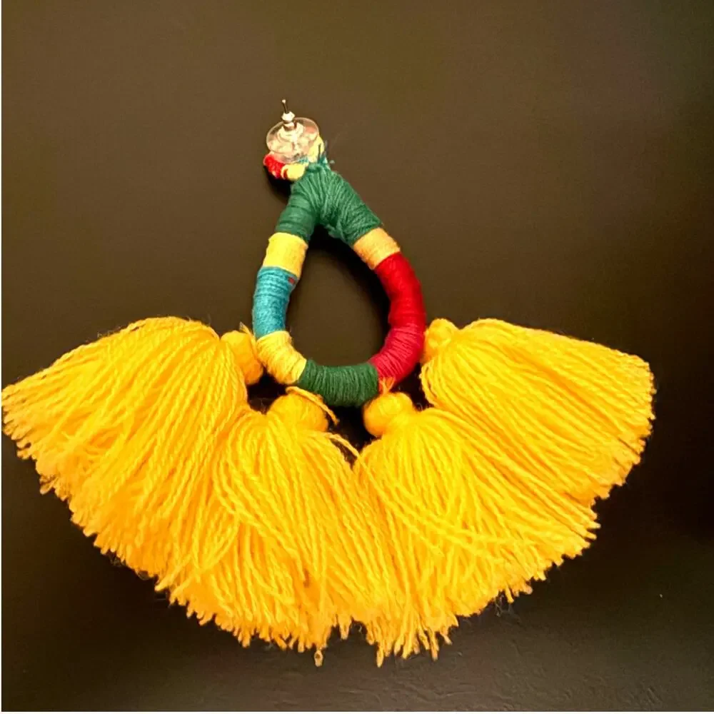 All Things Mochi Hallu Yellow Tassel Statement Hoop Earrings Boho Fringe